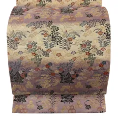 【美品】 袋帯 秀品 秋草 亀甲 箔 金糸 紫 六通 正絹 【中古】