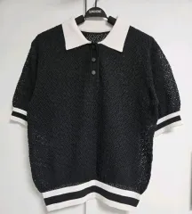 ブラック ホワイト バイカラー 半袖 ニット S M 新品