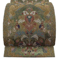 【美品】 袋帯 秀品 草花 幾何学模様 金糸 箔 金色 六通 正絹 【中古】