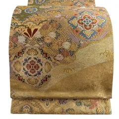【美品】 袋帯 秀品 華文 向かい鳥 唐織 箔 金色 六通 正絹 【中古】