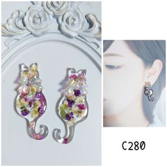 c350 カボション ねこ 押し花 リボン ハンドメイド ピアス イヤリング