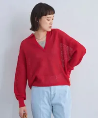 新品未使用 UNITED ARROWS ユナイテッドアローズ メッシュ スキッパー ニット プルオーバー ウォッシャブル トップス 長袖 レッド Fサイズ レディース 管理番号：1002-2376のサムネイル