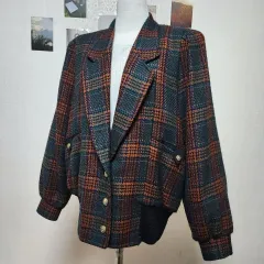 日本 ヴィンテージ オレンジ ブルー CHECK ウール アウター ジャケット コート レディース