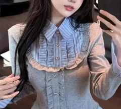 ストライプ フリル ブルー シャツ レイヤード ゴージ リブ ニット