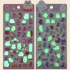 立体シール 3dシール 可愛い 2枚セット 夜光ステッカー 暗闇で光る3d ステッカー おしゃれデコ ご褒美 キラキラ 女の子 大容量 携帯電話スマホケース飾り用 手帳用 DIY用 日記帳用 貼り付け可能 手芸用品 (ピンクラウサギ＋パープルゴースト - 2枚
