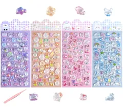 シール ぷっくり 立体 ラメ付き キラキラ 【4種 x 各1枚 約200個】 デコシール 3D ごほうび ステッカー 手帳デコ うるつや スマホケース スマホデコ DIY用 日記 かわいい 推し活デコ 女の子 子供 プレゼント 手芸 贈り物 Type A (4