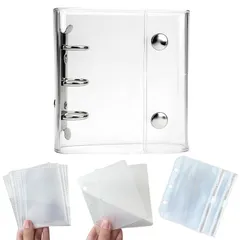 シール帳 透明 女の子 A8 ミニ バインダー 【リフィル×10枚 チャック付きボケット×2枚 下敷き×2枚】カードポケット シール台紙 手帳 プリ帳 カードスリーブ 透明シール帳 はがせる バインダー型ノートコラージュノート (シルバー)