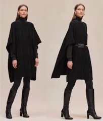 センス抜群！早い者勝ち【美品】HERMES エルメス イタリア製 24SS ニット Hロゴ ケープ ポンチョ コート 黒 ブラック ウール100％　2A48