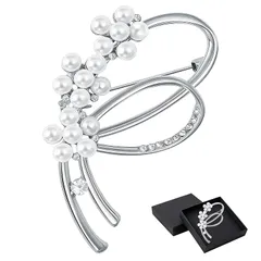 【新品】 ブローチ パール コサージュ 卒業式 入学式 卒園式 結納 結婚式 おしゃれ 人気 リーフ リース 華やか ジルコニア ピン 胸飾り フォーマル セレモニー アクセサリー 母の日 プレゼント ギフトボックス付 (パール シルバー) 1