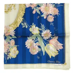 未使用 クリスチャンディオール ハンカチ スカーフ ネイビー　イエロー　花柄　チューリップ フラワー Christian Dior 綿　100％　コットン　ディオール　DIOR 