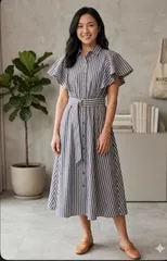 【極美品】GORGE ストライプ シャツワンピース ロング丈 フレアスリーブ ウエストゴム フリーサイズ 大人可愛い 春夏 30代 40代 きれいめ カジュアル 体型カバー 着痩せ グレー ホワイト ゴージ 119cmのサムネイル