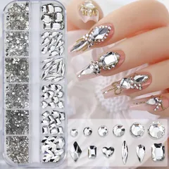 新品 FineGood ネイルパーツ 12 種類 約 1130 個大容量セット ガラスラインストーン 立体水滴形・ひし形・ハート キラキラ DIY ネイルアート デート・フェスティバル用 1 箱入り