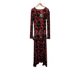 ザラコレクション ZARA COLLECTION  タグ付き ロングワンピース 伸縮性 光沢 リボン 総柄 レッド ブラック S