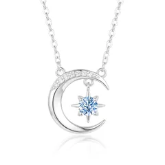 [Ningnvshi] ネックレス レディース 「星連れ月」 シルバー925 金属アレルギー対応 ブルー ジルコニア 青 星 月 モチーフ ペンダント 華奢 アクセサリー 鎖骨チェーン 45+5cm 調整可能 誕生日 プレゼント 女性 人気 ジュエリー 1