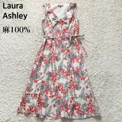 ローラアシュレイ LAURA ASHLEY 麻 リネン100% ワンピース ノースリーブ ドレス Aライン フレア ミモレ丈 Vネック リボン 白 ホワイト 11号 L相当 大きいサイズ 花柄 ハイビスカス ボタニカル リゾート 旅行 お出かけ 夏 美品