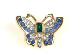 美品　スワロフスキー　SWAROVSKI　クリスタル　蝶/バタフライ　ブローチ　ブルー×グリーン×ゴールドカラー　送料無料