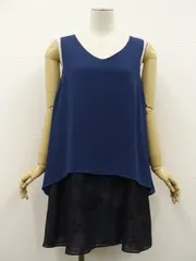ふりふ ひざ丈 Vネック ノースリーブワンピース ドレス M ブルー系 ブラック 鶴 花柄 メール便可のサムネイル
