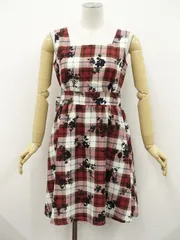 定価 \6,900 新品タグ付 ByeBye 洗えるひざ丈 スクエアネック ノースリーブワンピース M アイボリー レッド ブルー チェック柄＆ブラック 花柄