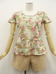 index等 半袖カットソー+ツイードキュロット コーディネート上下2点セット M相当 ベージュ地 赤系 緑系 水色 花柄 ベージュ系 茶系 フェミニン系 20代