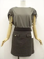 nano BASE＆any SiS カットソー+台形スカート コーディネート2点セット M相当 グリーンカーキ 濃茶 ベージュ 金 ボーダー きれいめ・カジュアル系 20代