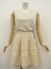PARIS YARN等 ニットタンクトップ+膝丈タックスカート コーディネート2点セット M相当 白地 ベージュ ボーダー ベージュ ナチュラル系 20代〜30代〜