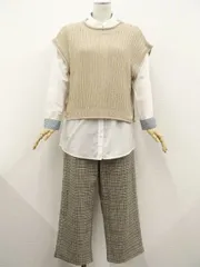 Discoat等 長袖シャツ+半袖ニットカットソー+ワイドパンツ コーデ3点セット L相当 白 ベージュ 紺 黄系 白系 チェック カジュアル系 20代〜40代