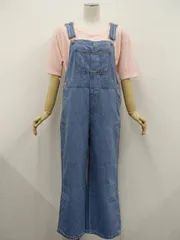 GU等 洗えるデニムオーバーオール+半袖カットソー コーディネート2点セット M相当 青 ピンク地 鳥＆やしの木プリント カジュアル系 20代・30代