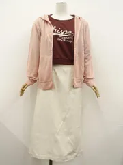 PAGEBOY等 長袖ニットパーカ+七分袖トレーナー+ロング丈台形スカート コーデ3点セット M相当 ピンク系 茶地 白 英字 白 カジュアル系 20代~