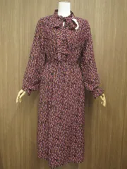 新品タグ付 プチフルール Petit fleur 洗えるロング丈 長袖 ボウタイネック ワンピース M ブラック地 ブラウン ホワイト レッド 花柄のサムネイル