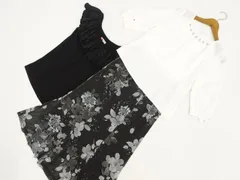 Hula Lehua等 七分袖＆ノースリーブカットソー+ロング丈スカート コーデ3点セット M相当 白 黒地 草木柄 黒地 グレー系 花 フェミニン系 20代・30代