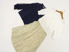 KUMIKYOKU等 長袖 ブラウス+POブラウス+ロング丈スカート コーデ3点セット M相当 紺 レース＆花刺繍 白 オリーブ系地 花 フェミニン系 20代・30代