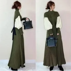 ワンピースプリーツロングバックリボンきれいめ大人着痩せゆったりグリーン8404
