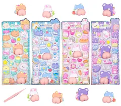 【在庫処分】子供 ノート 水筒 プレゼント スマホケース モチモチ かわいい 泡ステッカー つやつや 日記帳 手帳 ご褒美 お尻4枚セットB うさぎ ネコ 桃尻ステッカー 立体ぷっくり シール おしりぷにぷに お尻シール CHALAN
