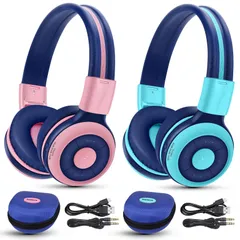 新品 SIMOLIO 2 パック 子供用 ワイヤレス ヘッドフォン 75dB、85dB、94dB 音量制限付き、マイクとハードケース付き キッズヘッドホン Bluetooth 女の子 男の子用 授業 音楽 会話 無線有線両用 712PMのサムネイル