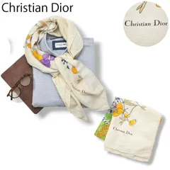 【上質】 イタリア製 クリスチャンディオール Christian Dior シルク100％ ハンカチ 花柄 ホワイト 小物 スカーフ アクセサリー レディース ♪