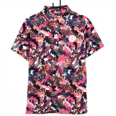 【超美品】ジャックバニー 半袖ポロシャツ ピンク×パープル 総柄 リーフ 一部レオパード柄  メンズ 5(L) ゴルフウェア Jack Bunny