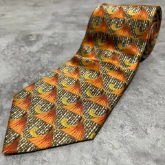 【LANVIN】ランバン 幾何学柄ネクタイ 扇状モチーフ シルク100% メンズ フランス製 オレンジ 橙色 ブラウン 茶色 イエロー 黄色 マルチカラー 総柄ネクタイ アートデザイン ビジネスネクタイ ヴィンテージ