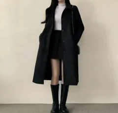 ベーシック KARA ボタン ロング コート ジャケット ブラック レディース 90