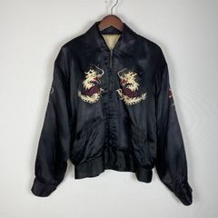 50s スカシャツ / スーベニアシャツ 龍 鳳凰 刺繍 ブラック サテン