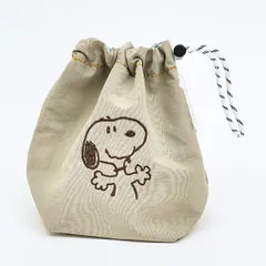 スヌーピー チェックリバーシブル巾着ポーチ ベージュ SNOOPY