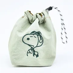 スヌーピー チェック リバーシブル巾着ポーチ グリーン SNOOPY