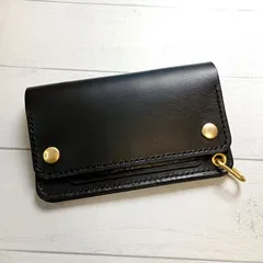 【真鍮】牛革トラッカーウォレット　ミドルサイズ　 ブラック　シンプル　黒　ファスナー　ミニ財布　バイカーウォレット