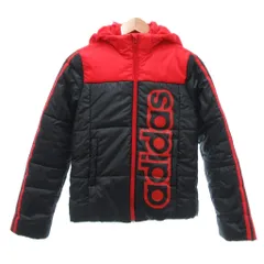 アディダス adidas 美品 中綿ジャケット 150 黒 ブラック 赤 レッド フード付き ロゴプリント /NL ■ECF004