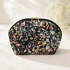 リバティ生地　シェルポーチ｜コットン　タナローン　小物入れ　整理整頓　ダブルファスナー　ギフト　母の日　誕生日　ブラック　黒　可憐　花柄　チューリップ　上品　春