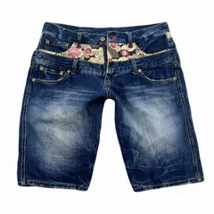 エターナル デニム ショートパンツ メンズ W34 和柄 花柄 独創的なデザイン 和柄刺繍パッチ 備中倉敷工房