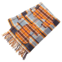 エルメス カシミヤ エシャルプ チェック柄 フリンジ マフラー オレンジ【中古】