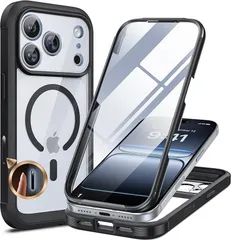 Miracase iPhone 17pro ケース MagSafe対応 スマホケース いPhone17pro カバー 9H 強化ガラス 360°保護 全身バンパー保護ケース 6.3インチ フルカバー ワイヤレス充電対応 マグセーフ対応 マグネット搭載 黒