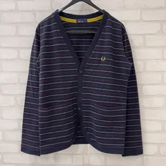 最終値下げ フレッドペリー FRED PERRY マーク 刺繍 ウール混 ボーダー カーディガン M ネイビーのサムネイル