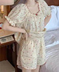 チェリー柄 夏 半袖 パジャマセット (トップス＋ボトムス) かわいいパジャマ ルームウェア