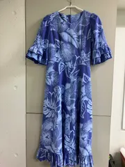 フラダンス　ハワイアンドレス　ブルー×水色　フラワー＆リーフ柄